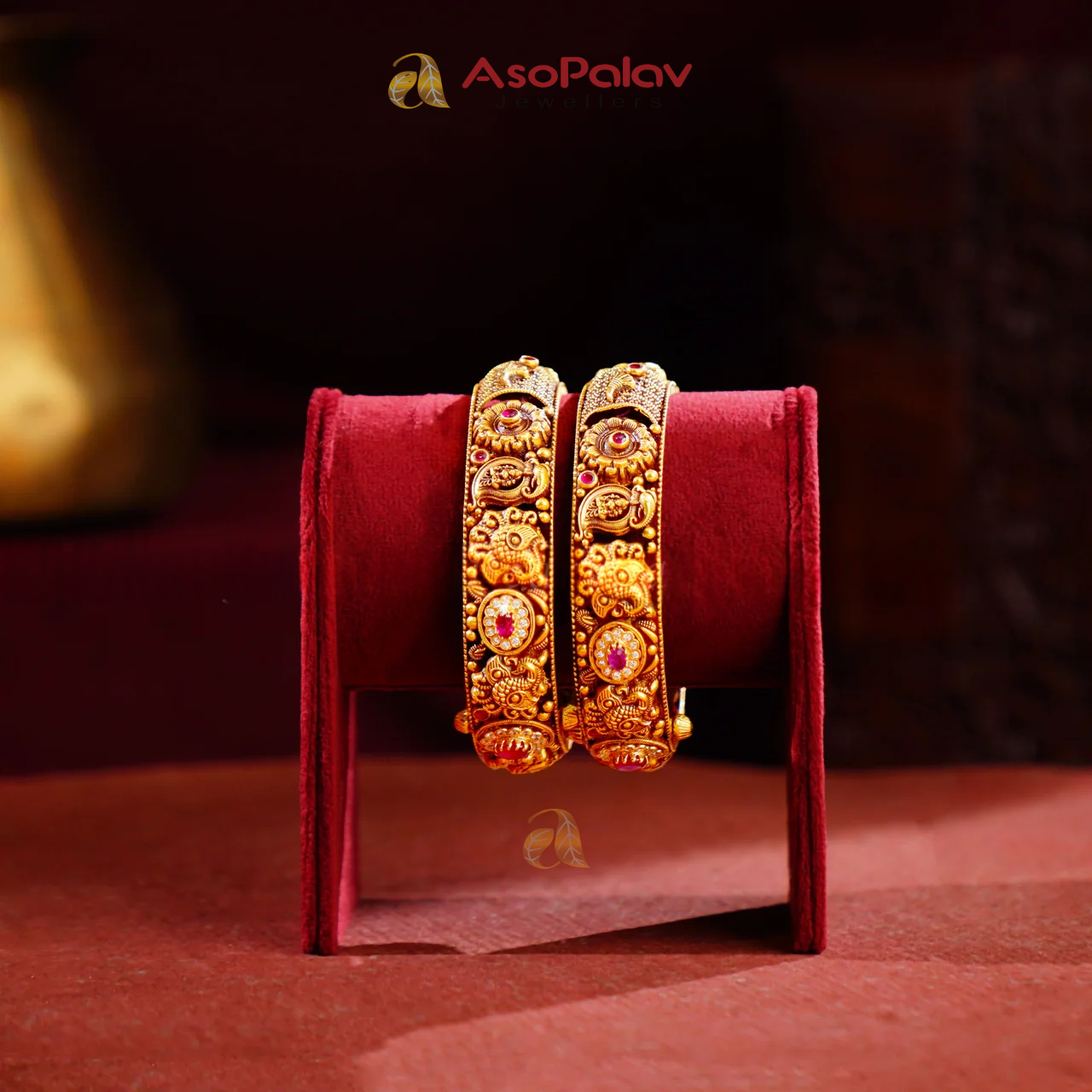 22K Temple Gold Bangles with Mango & Peacock Motifs